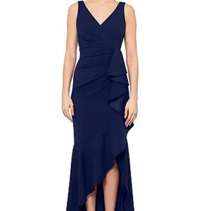 Betsy & Adam Sleeveless V-Neck Spiral Ruffle Cascade Gown